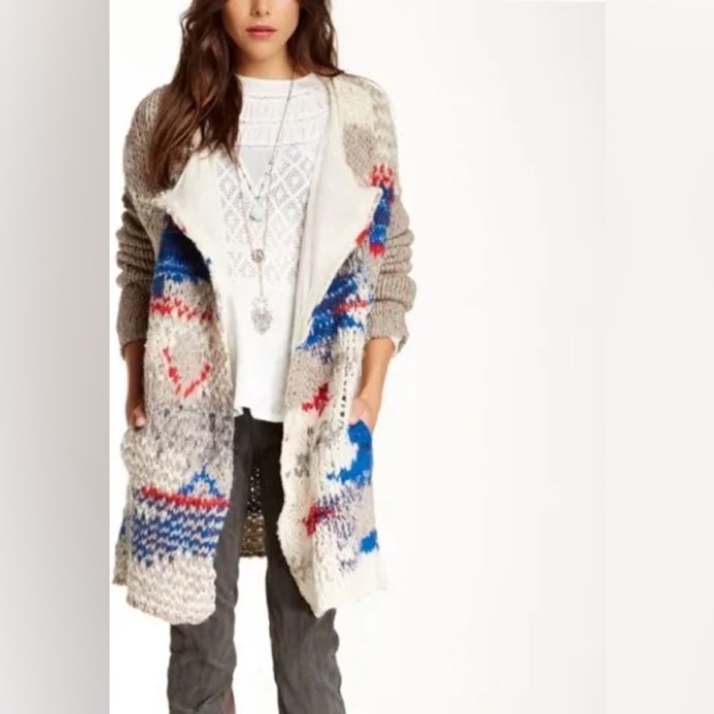 FREE PEOPLE Fireworks Mixed Yarns Long Cardigan Sweater Large